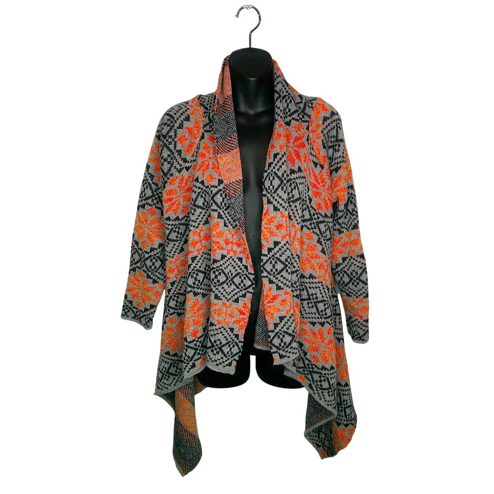 Sweet Rain Short Sleeve Orange/Navy Women's Medium Open Front Cardigan Aztec